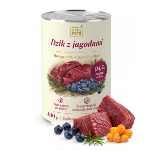 Karma dla psa pełnoporcjowa Fit4Pets dzik z jagodami 400g